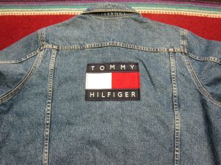 Vtg 90s Tommy Hilfiger Spell Out Flag Patch Denim Jean Jacket Blue Large L