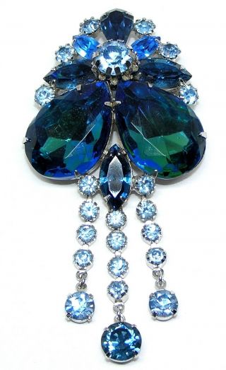 Vintage Dangle Brooch Blue Green Teardrop Givre Rhinestones Silver Tone