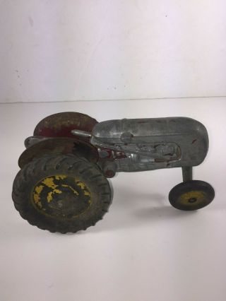 Vintage Antique Metal Farm Tractor Red With Yellow Tires Very Old