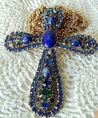 Juliana D&e Massive Blue Star Sapphire Cabochons Cross Pendant Brooch Necklace