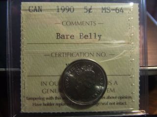 Canada Five Cents 1990 Rare Bare Belly,  Iccs Ms - 64