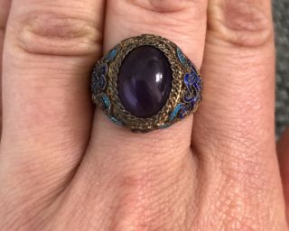 Antique Chinese Sterling Silver Gold Wash Filigree & Enamel Amethyst Ring