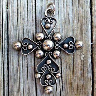 Vintage Taxco 925 Sterling Silver Large Ornate Cross Pendant Statement Necklace