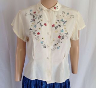 1940s 40s Blouse Hand Painted Floral Birds Novelty Print Volup Large Xl L 50s