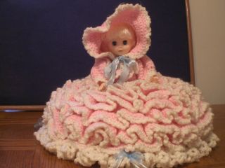 Crochet Doll Vintage 1988 Bed Pillow Doll Pink And White Lacey Crochet