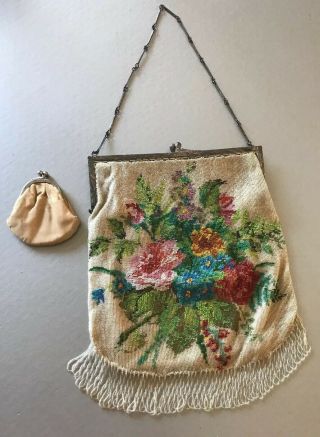 Fine Antique Victorian Micro Beaded Purse Handbag Flowers Sterling Silver Frame