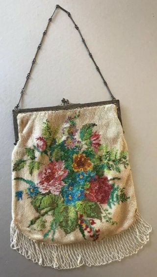 Fine Antique Victorian Micro Beaded Purse Handbag Flowers Sterling Silver Frame 2