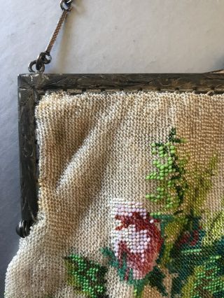 Fine Antique Victorian Micro Beaded Purse Handbag Flowers Sterling Silver Frame 4