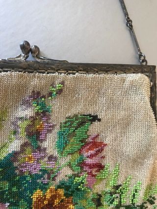 Fine Antique Victorian Micro Beaded Purse Handbag Flowers Sterling Silver Frame 5