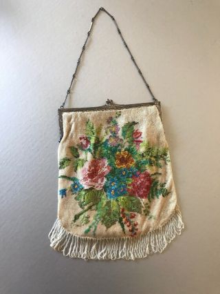 Fine Antique Victorian Micro Beaded Purse Handbag Flowers Sterling Silver Frame 6