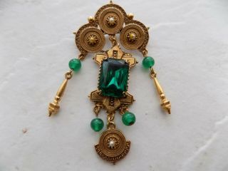Vintage Florenza Gold Tone Brooch With Green Rhinestones And Faux Pearls