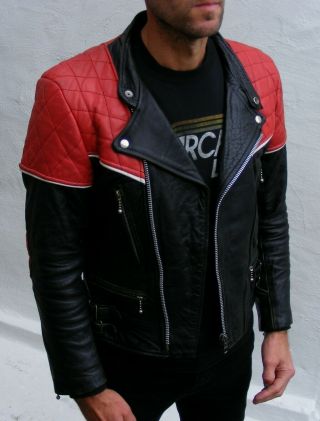 Vtg Black Red Leather Biker Cafe Racer Jacket Mens 36 Small Bobber Punk