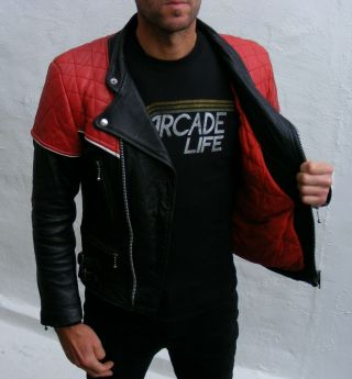 Vtg black red leather biker cafe racer jacket mens 36 small bobber punk 2