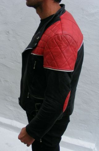 Vtg black red leather biker cafe racer jacket mens 36 small bobber punk 3