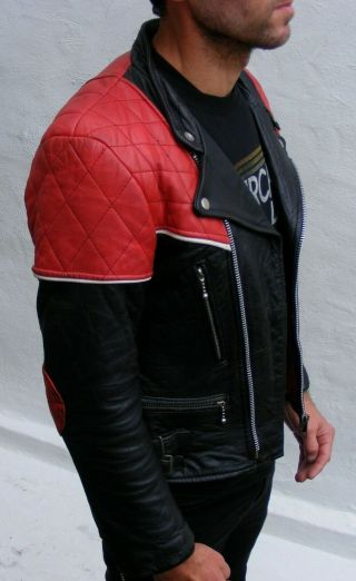 Vtg black red leather biker cafe racer jacket mens 36 small bobber punk 4