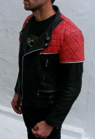 Vtg black red leather biker cafe racer jacket mens 36 small bobber punk 6
