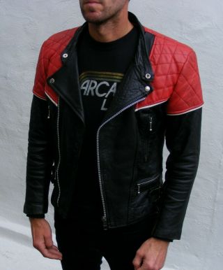 Vtg black red leather biker cafe racer jacket mens 36 small bobber punk 8