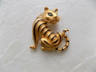 Vintage Trifari Tm Brushed Gold Tone Enamel Rhinestone Figural Tiger Brooch