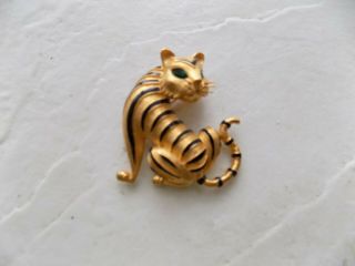 Vintage Trifari TM Brushed Gold Tone Enamel Rhinestone Figural Tiger Brooch 2