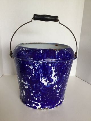 Vintage Cobalt Blue & White Swirl Enamelware Pail/bucket With Wire Bail Handle
