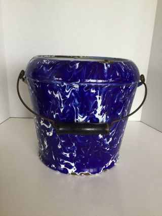 Vintage Cobalt Blue & White Swirl Enamelware Pail/Bucket With Wire Bail Handle 2