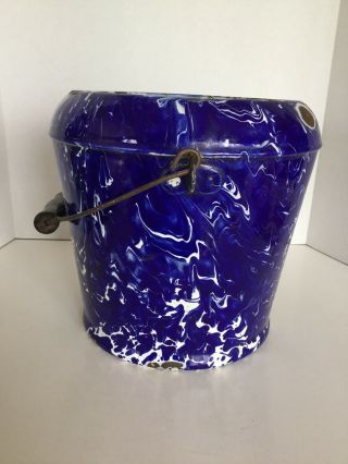 Vintage Cobalt Blue & White Swirl Enamelware Pail/Bucket With Wire Bail Handle 3