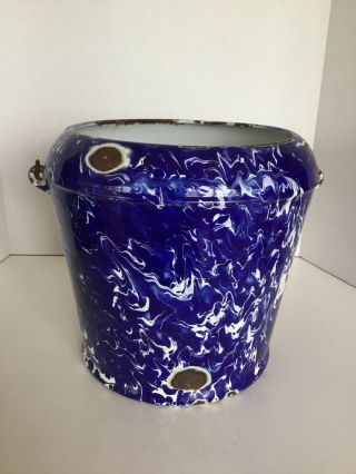 Vintage Cobalt Blue & White Swirl Enamelware Pail/Bucket With Wire Bail Handle 4