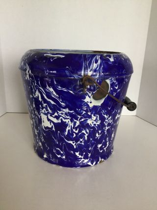 Vintage Cobalt Blue & White Swirl Enamelware Pail/Bucket With Wire Bail Handle 5