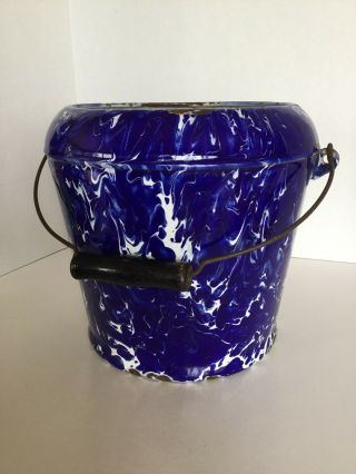 Vintage Cobalt Blue & White Swirl Enamelware Pail/Bucket With Wire Bail Handle 8
