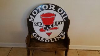 Vintage Old Style Sign Red Hat Motor Oil Gasoline 24 " Round