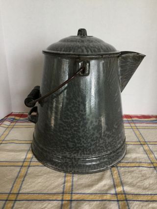 Vintage Gray Graniteware Cowboy Coffee Pot With Wire Bale & Wood Handle