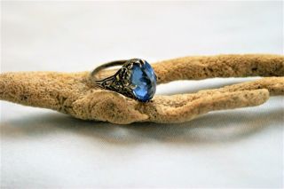 Vintage Sterling Filigree Mounting Ring W/ Blue Aquamarine Stone/marquise Shape