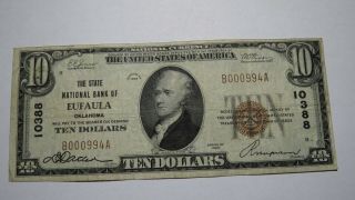 $10 1929 Eufaula Oklahoma Ok National Currency Bank Note Bill 10388 Vf Rare