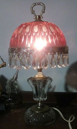 Vintage Crystal Glass Prism Rose Boudoir 14 " Table Lamp Made In Holland