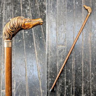Vintage Carved Horse Head Handle Design Polished Wooden Cane Walking Stick 35 "