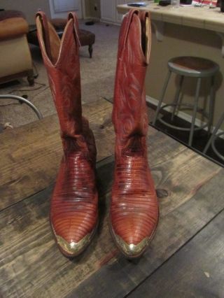 Vintage J Chisholm Exotic Leather Cowboy Mens Western Boots 9d Metal Tipped