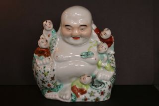 Large Vintage Laughing Buddha With Children Impress Mark And China Stamp