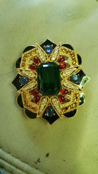 Rare Joan Rivers Gold Large Emerald Stone And Rhinestone Pin Brooch Gorgeous