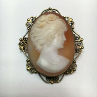 Vintage 925 Silver Hand Carved Shell Cameo Pin Pendant Filigree Design