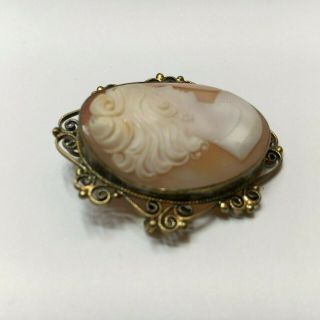 Vintage 925 Silver Hand Carved Shell Cameo Pin Pendant Filigree Design 2