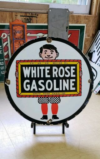 En - Ar - Co White Rose Gasoline Porcelain Sign Vintage Petroleum Gas Pump Plate