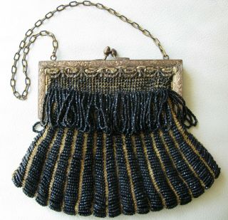 Antique Art Nouveau Gold T Filigree Frame Tan Knit Lined Jet Black Bead Purse