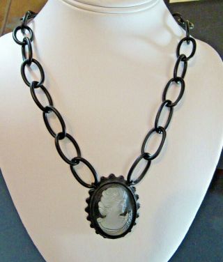 Dominique Cohen Dom Large Abalone Carved Cameo On Matte Black Link Necklace - Euc