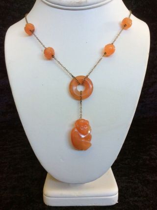 Vintage Necklace.  Carved Carnelian Monkey,  Disc,  Beads On Chain.  16” Neck.