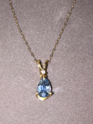 14k Yellow Gold Aquamarine Diamond Pendant & Chain Vintage Estate Jewelry