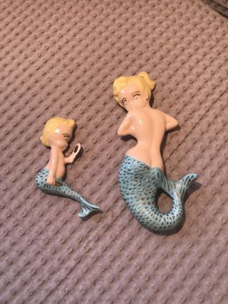 2x Vintage 1950s Ceramic Blonde Mermaid Bathroom Wall Plaque Figurines Blue Gold