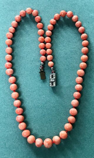 Vintage Pink Coral Beaded Necklace Sterling Rhinestone Clasp 16 "
