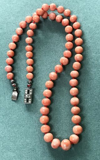 VINTAGE PINK CORAL BEADED NECKLACE STERLING RHINESTONE CLASP 16 