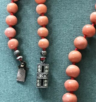 VINTAGE PINK CORAL BEADED NECKLACE STERLING RHINESTONE CLASP 16 