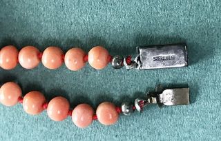 VINTAGE PINK CORAL BEADED NECKLACE STERLING RHINESTONE CLASP 16 